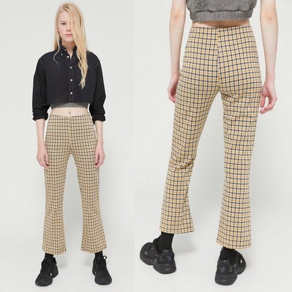 UO Cara Pants Women XS Yellow Black Plaid Kick Flare Knit Crop Stretchy Comfy - Picture 2 of 16